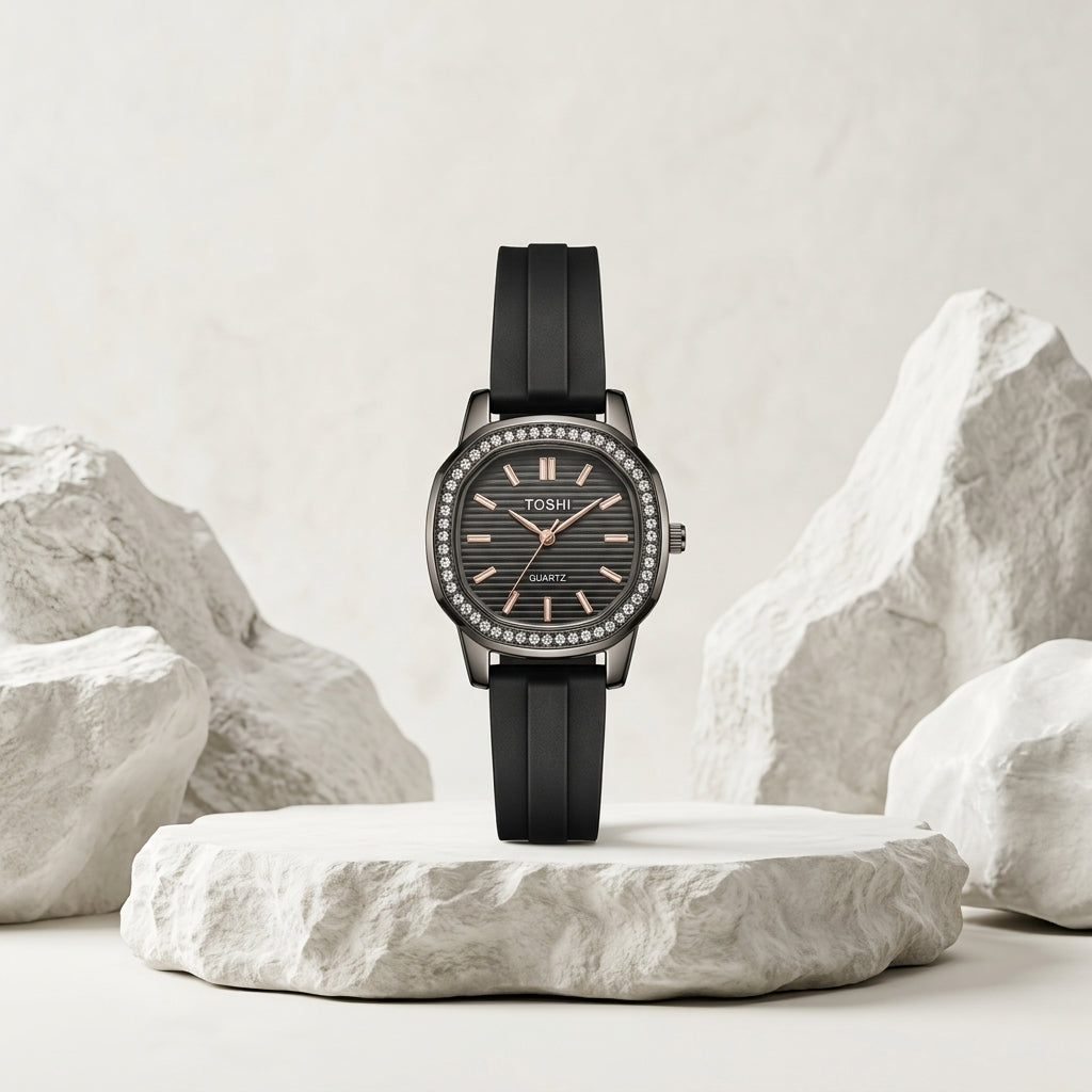 TOSHI Black Silicone Strap Rhinestone Dial Watch for Women