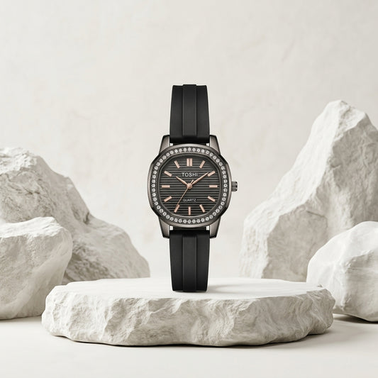 TOSHI Black Silicone Strap Rhinestone Dial Watch for Women
