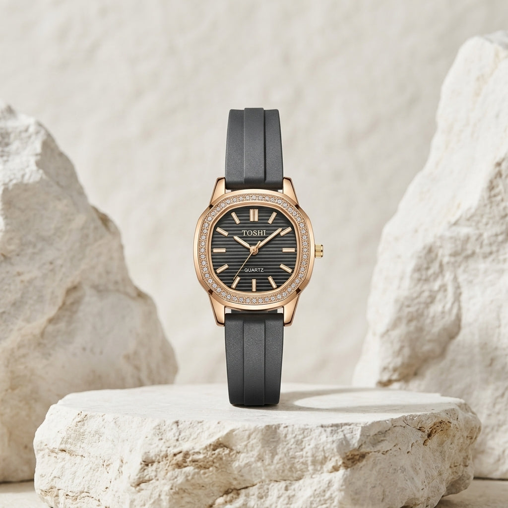 TOSHI Black Silicone Strap Rhinestone Dial Watch for Women