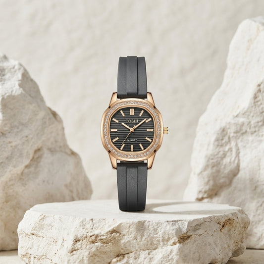 TOSHI Black Silicone Strap Rhinestone Dial Watch for Women