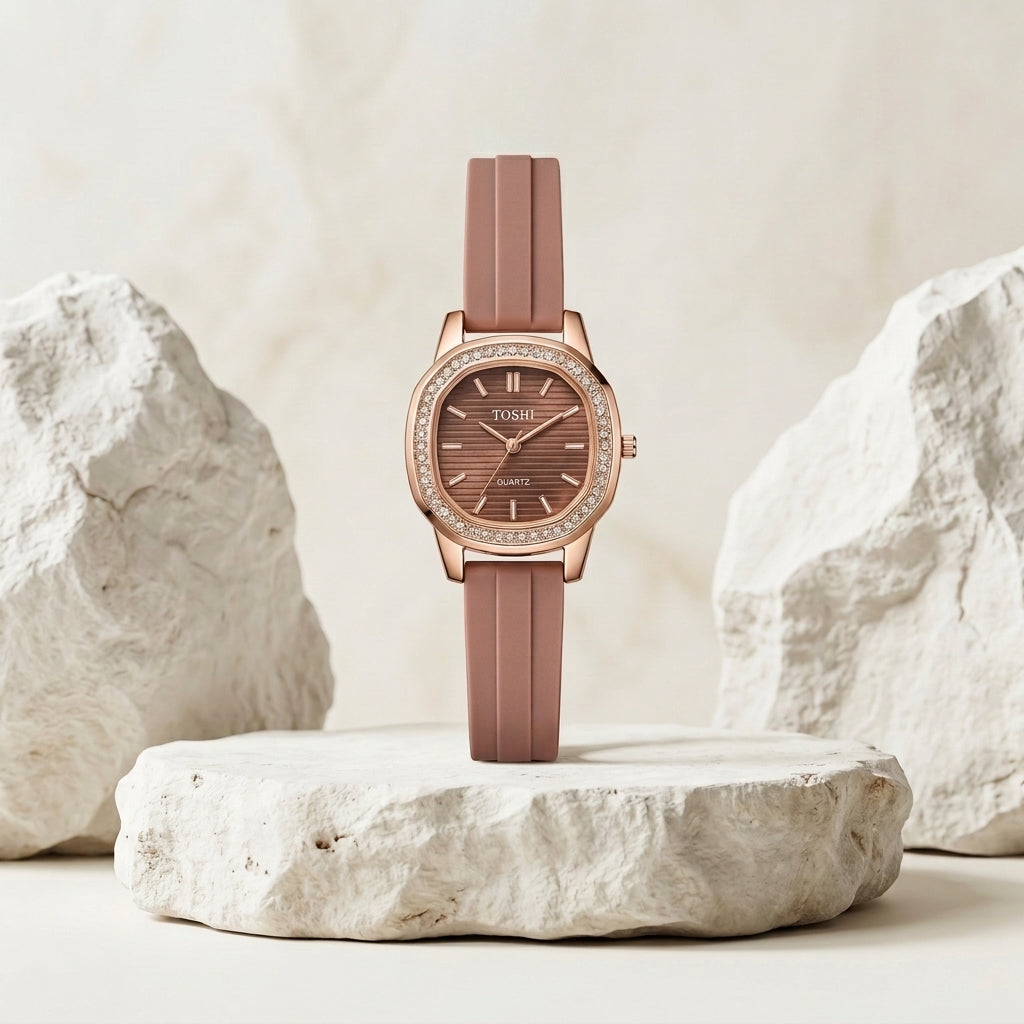 TOSHI Light Brown Silicone Strap Rhinestone Dial Watch for Women