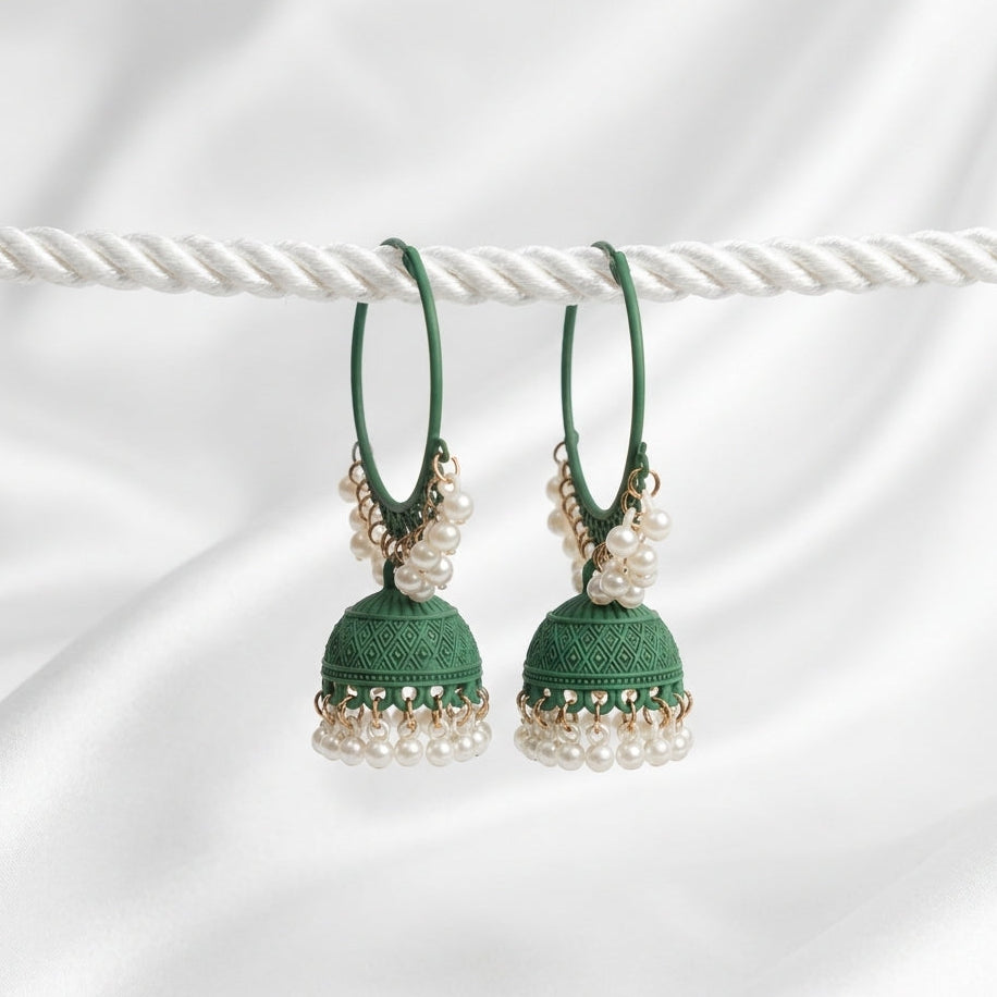 Vintage Green Pearl Jhumka Earrings for Women