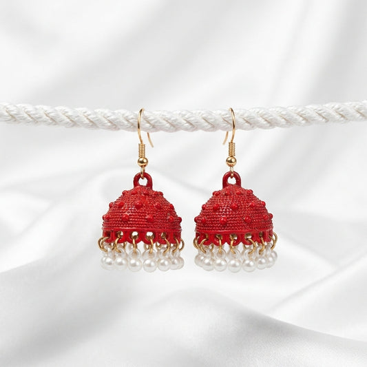 Vintage Red Pearl Jhumka Earrings for Women