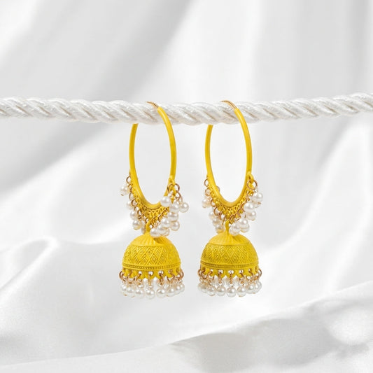 Vintage Yellow Pearl Jhumka Hoop Earrings for Women