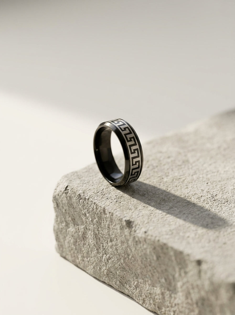 Premium Greek Pattern Stainless Steel Band Ring  Luxury Men's Fashion Jewelry