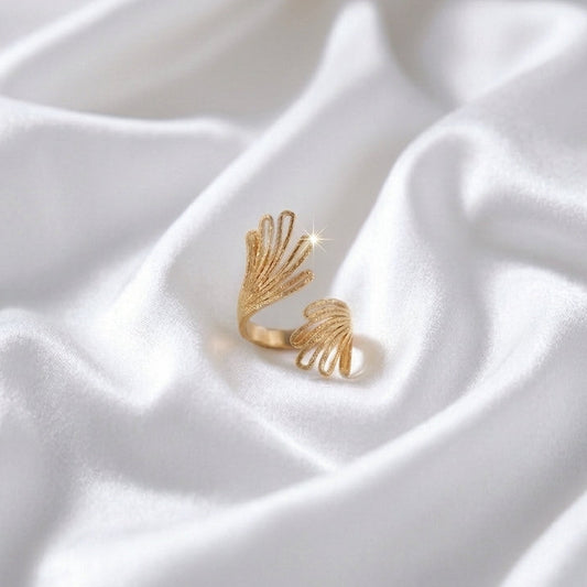 Gold Fan Leaf Adjustable Stainless Steel Ring for Women