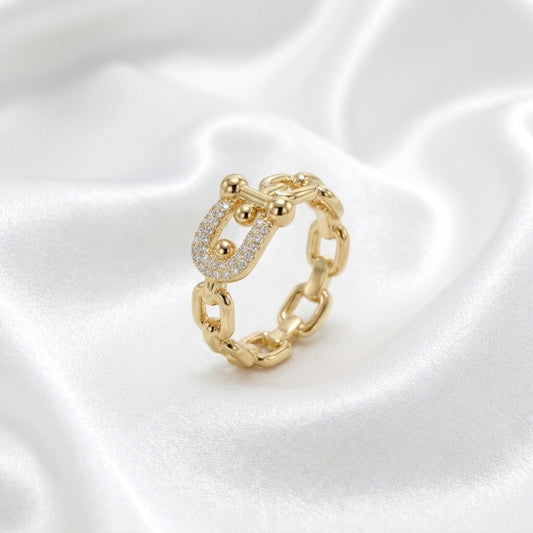 Luxury Gold Buckle Chain CZ Adjustable Ring for Women