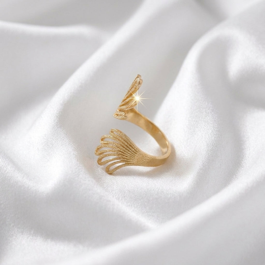 Gold Fan Leaf Adjustable Stainless Steel Ring for Women