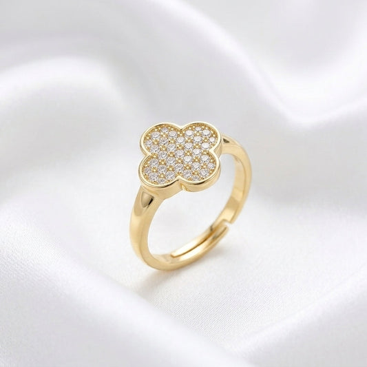 Luxury Gold Clover CZ Adjustable Ring for Women