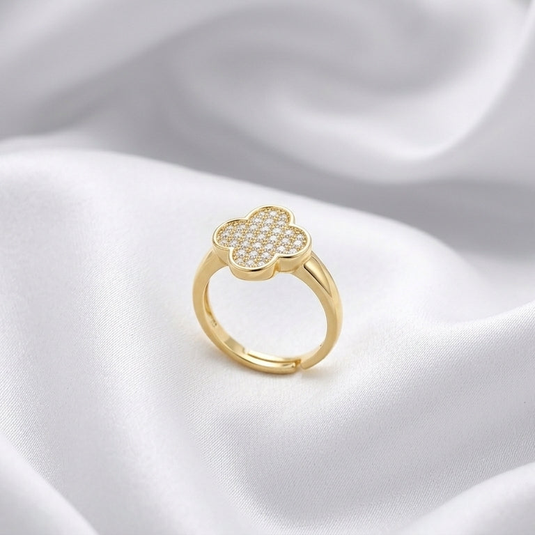 Luxury Gold Clover CZ Adjustable Ring for Women