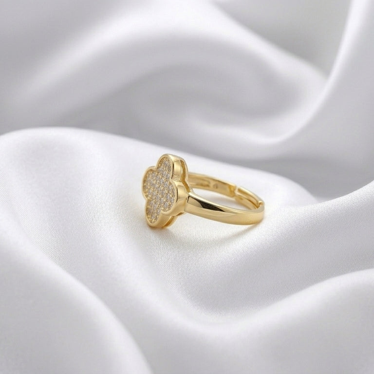 Luxury Gold Clover CZ Adjustable Ring for Women