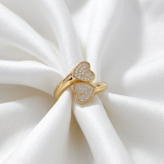 Gold Double Heart Adjustable Stainless Steel Ring for Women