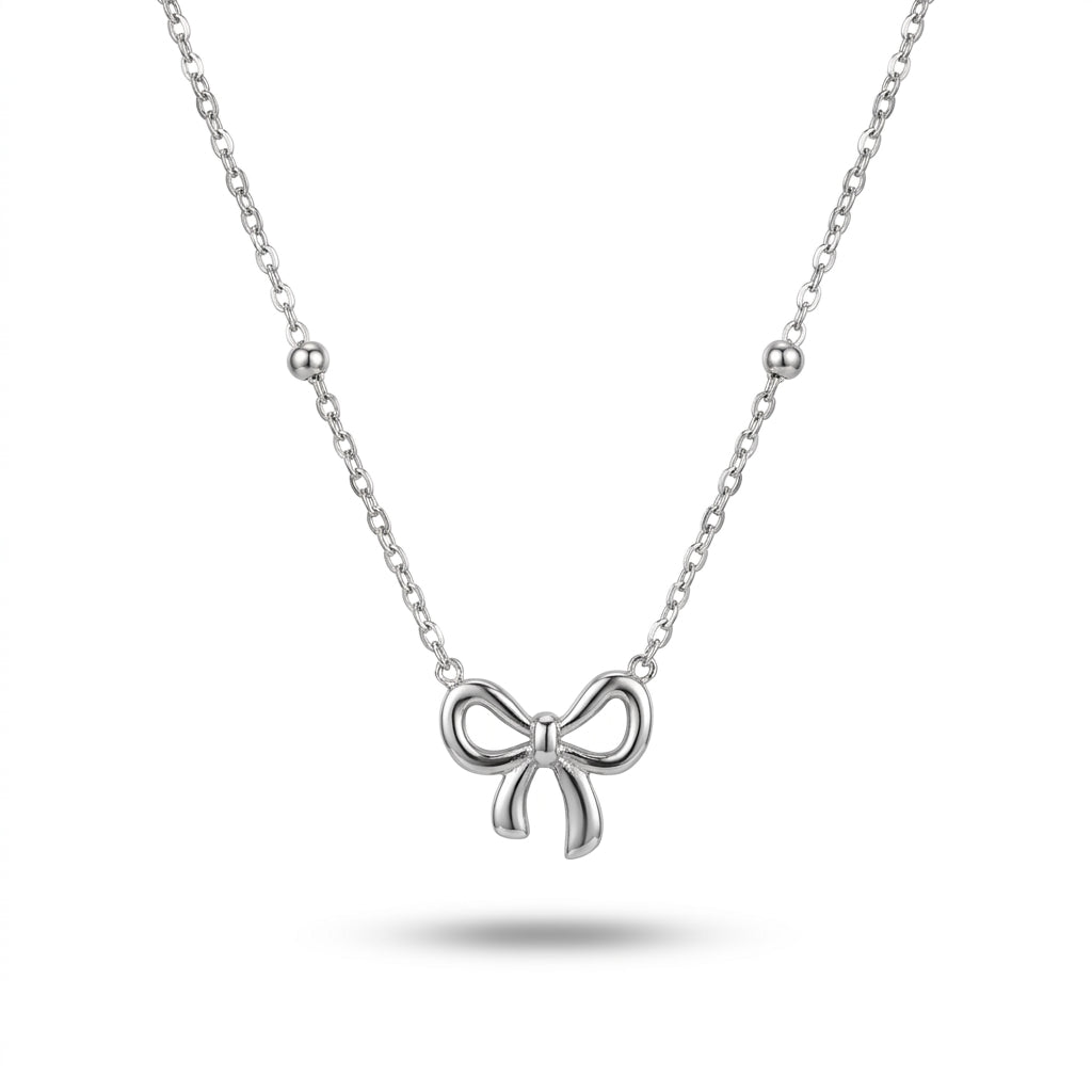 Elegant Silver Bow Pendant Necklace with Beaded Chain for Women