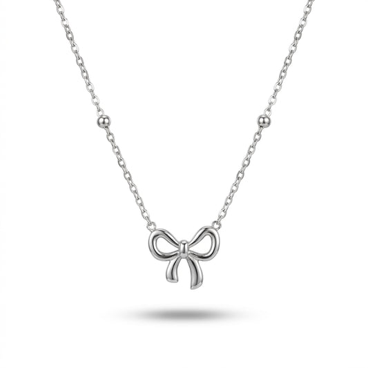 Elegant Silver Bow Pendant Necklace with Beaded Chain for Women